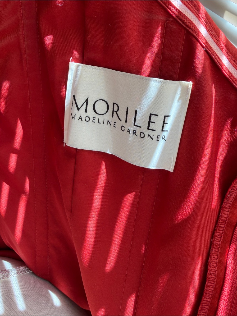 Mori Lee Off-Shoulder Satin Maxi Gown in Rust Red - Picture 3 of 4